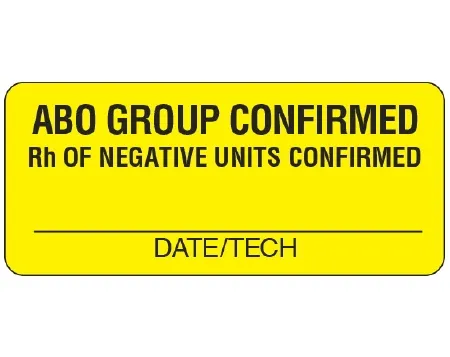 Shamrock Scientific - UPCR-6106 - Pre-printed Label Shamrock Laboratory Use Yellow Cardstock Abo Group Confirmed / Rh Of Negative Units Confirmed / _____ / Date/tech Black Lab / Specimen 1 X 2-1/4 Inch
