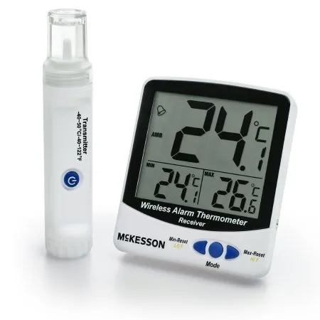 McKesson - MCK895WRFT - Digital Refrigerator / Freezer Thermometer with Alarm McKesson Fahrenheit / Celsius -58° to +158°F (-50° to +70°C) External Bottle Sensor  -40° to +122°F (-40° to +50°C) Wiresless Bottle Sensor Internal Sensor / 2 Bottle Probes Fli