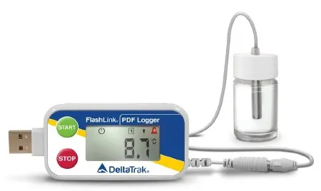 DeltaTrak - Flashlink PDF Logger - 40527-06 - Vaccine Temperature Data Logger with Alarm Flashlink PDF Logger Fahrenheit -58° to +104°F (-50° to +40°C) Glycol Bottle Probe Magnet Battery Operated