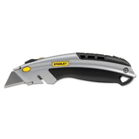 Stanley - BOS-10788 - Curved Quick-change Utility Knife, Stainless Steel Retractable Blade, 3 Blades, 6.5 Metal Handle, Black/chrome