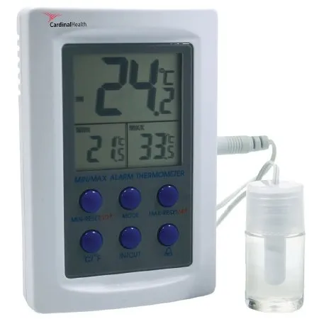 Cardinal - CardinalHealth - CH2960-4 - Digital Refrigerator / Freezer Thermometer with Alarm CardinalHealth Fahrenheit / Celsius -58° to +158°F (-50° to +70°C) Bottle Probe Desk / Wall / Door Mount Battery Operated
