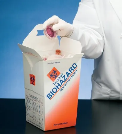 Whitney Medical Solutions - Biohazard Bench-Top Keeper - BH2003 - Biohazardous Waste Container Biohazard Bench-Top Keeper 6 X 6 X 10 Inch White / Orange Paperboard 3 000 mL (101 oz.) Capacity