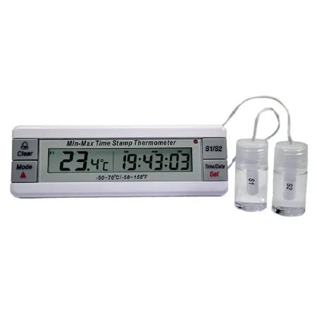PANTek Technologies - Thermco Min-Max Time Stamp - ACC8100MATAND - Refrigerator / Freezer Thermometer Thermco Min-max Time Stamp Fahrenheit / Celsius -40° To +158°f (-40° To +70°c) 2 Bottle Probes Door / Wall Mount Battery Operated