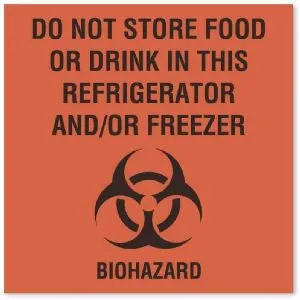 United Ad Label - ULBH068 - Pre-Printed Label Auxiliary Label Red Paper Do Not Store Food Or Drink In This Refrigerator And\Or Freezer Biohazard Black Safety and Instructional 4-1/2 X 4-1/2 Inch