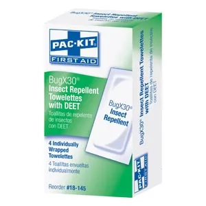First Aid Only - From: 18-145 To: 18-725 - BugX30 Insect Repellent Wipes, DEET, 4/bx (DROP SHIP ONLY $50 Minimum Order)