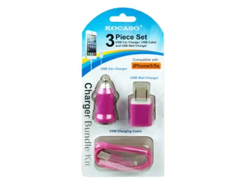 Kole Imports - EN287 - Hot Pink 3 Piece Iphone Charging Set With Wall And Car Charg