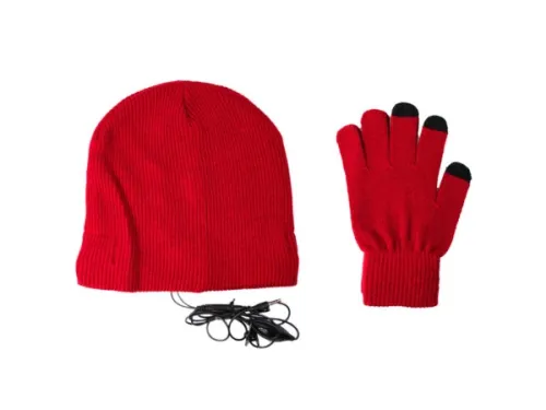 Kole Imports - HI234 - Red Beanie With Build In Headphones And Pair Of Gloves