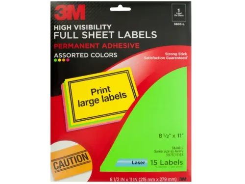 Kole Imports - OP625 - 3m High Visibility Full Sheet Labels Pack