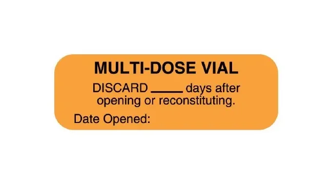 United Ad Label - UAL - ULPH226 - Pre-printed Label Ual Anesthesia Label Orange Paper Multi-dose Vial Discard ____ Days After Opening Or Reconstituting. Date Opened:___ Black Syringe Label 1/2 X 1-1/2 Inch