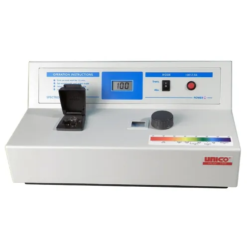 Unico - S-1205E - Spectrophotometer, 4 nm Bandpass, Wavelength Range 325-1000 nm, Large LCD Display, Programmable, 4-Position Cell Holder, USB Port, RS-232 Port, Dust Cover, User Manual, Power Input 100-240V, European Plug (Accommodate up to 50 mm Pa